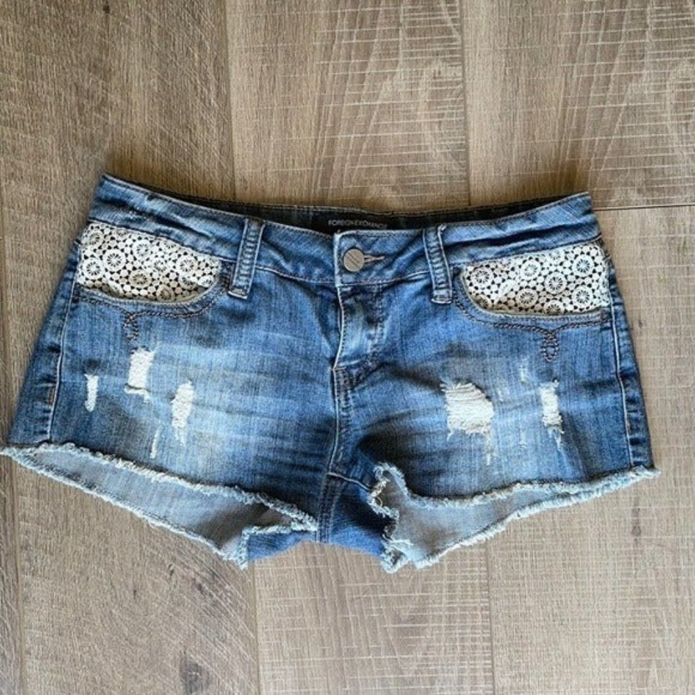 Foreign Exchange Jean Shorts Low Rise Distressed Boho Festival Cut Out Medium